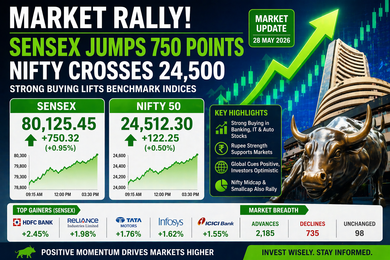 Sensex jumps 750 points Nifty crosses 24500 market rally chart